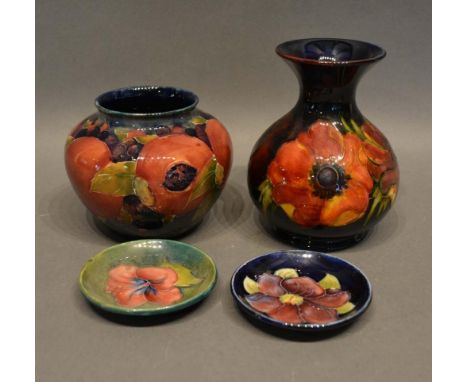 A William Moorcroft Squat Vase, together with another similar vase and two small pin trays 