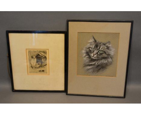 Christine McGregor, Portrait of a Cat, pastel, together with an etching of a dog beside a kennel, 25 x 22cm and 16 x 12cm 