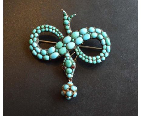 A Gold Brooch in the form of a snake set with turquoise with cabochon ruby eyes and turquoise drop, 6 x 5.5cm 