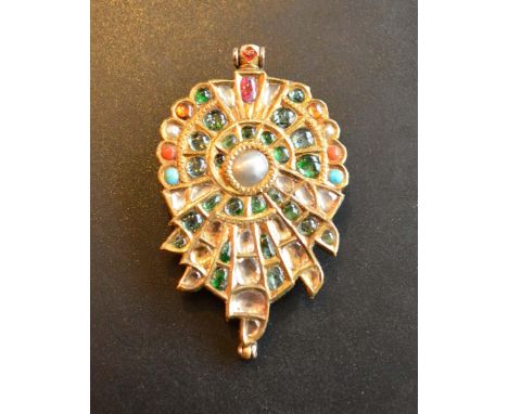 An Indian Mughal Yellow Metal Multi-Stone and Enamel Decorated Brooch of stylised form with central pearl, the back with foli