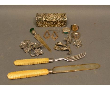 A Birmingham Silver Small Casket, together with various items of silver to include a Scottish bookmark, a Georgian silver kni