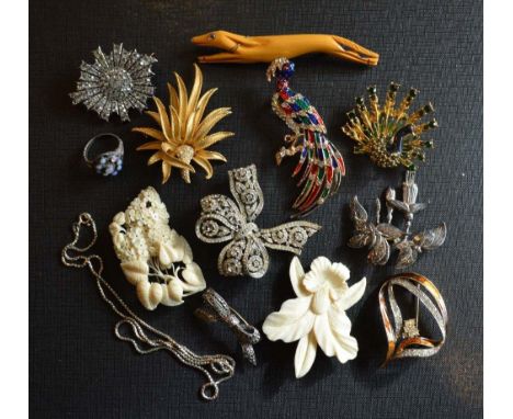 A Collection of Various Paste Brooches and an opal set ring 