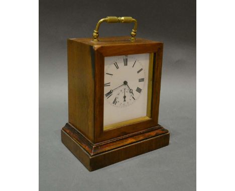 A 19th Century Rosewood Cased Small Timepiece, the enamel dial with subsidiary alarms dial, 16cm tall 