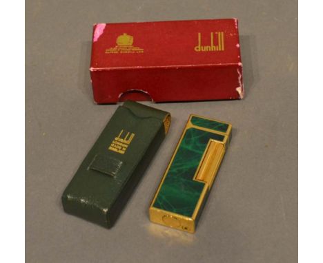 A Dunhill Green Enamel and Gold Plated Lighter with original leather case and outer cardboard box 