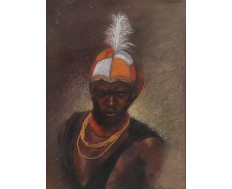 M. Ramsay (South African, twentieth century), portrait of a young man with headdress, pastel, signed lower right, 40 x 29cm, 