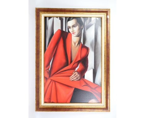 J. L. M. Portrait of a woman in  red dress, acrylic on canvas, signed with initials, ( Cooper's C.O.A ) 89cm x 60cm