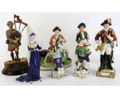 A large collection of porcelain figures, mostly Continental, mostly military figures, together with four 18th Century style f