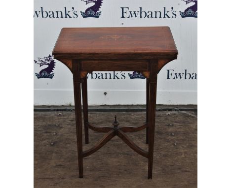 Edwardian rosewood and inlaid card table, with twin flap top, red baize surface, on square tapering legs joined by stretchers