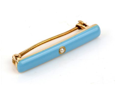 14 carat gold and blue enamel bar brooch set with single seed pearl