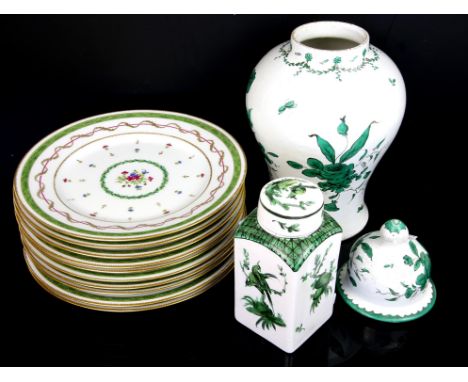 Ten Haviland Limoges 'Vieux Paris' plates, 25 cm diameter, a faience baluster vase and cover with green floral design, painte