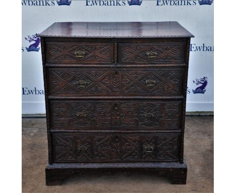 19th century oak chest, two small over three long drawers, foliate carved decoration with bracket feet support, H95cms
