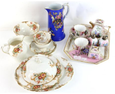 English porcelain part tea service, late 19th/early 20th century, printed and painted with flowers, to comprise basin, nine c