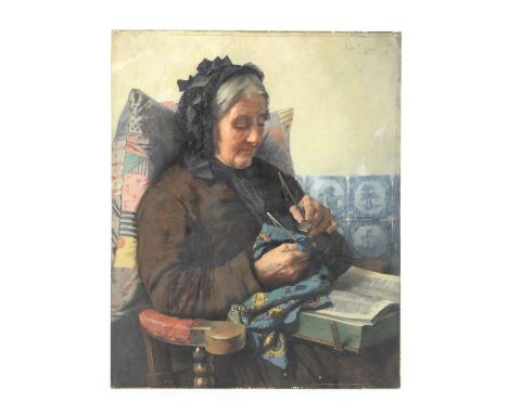 Lionel J. Cowen, portrait of an old woman cleaning her reading glasses, oil on canvas, signed, 53.5cm x 43.5cm