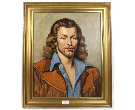 Oil on canvas, portrait of a man in a buckskin jacket, unsigned, 49cm x 40cm 