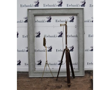 Pine picture frame, 19th Century, painted grey, 180 x 148.5cm, together with a brass and teak surveyors tripod/lamp, 147cm hi