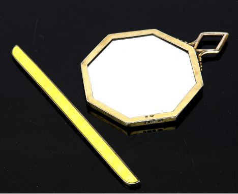 Guilloche yellow enamel and silver hand or purse mirror with matching comb sleeve by George Stockwell, Import London 1930