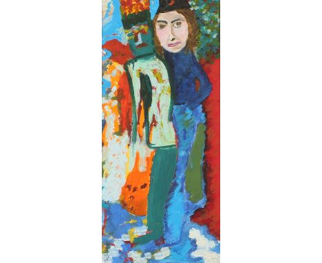 Twentieth-century European School, full-length portrait of a young woman, oil on board, 54 x 24.5cm, framed.