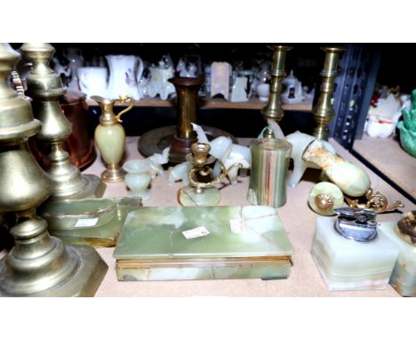 Two pairs of Victorian brass candlesticks, 22 cm high, together with two brass plates probably Indian, brass spill vase, a Vi