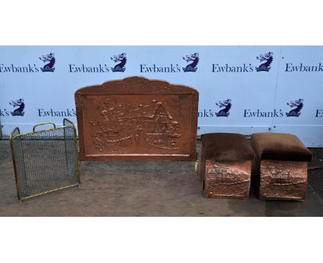 Copper and brass fire screen, moulded with scene of a village, 73.5 cm high x 84.5 cm wide, together with a pair of matching 