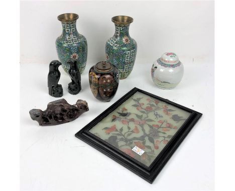 Pair of Chinese enamel vases, 20th century, 21 cm high together with a Japanese enamel tea caddy and cover, a Chinese soapsto