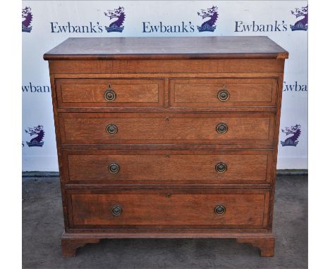Oak chest, two small over three long graduated drawers on bracket feet, H105 x D50 x W108cms