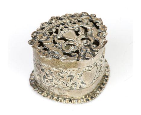 Victorian silver pot pourri box decorated with Putti figure and vacant heart cartouches by Haseler Brothers, London 1893