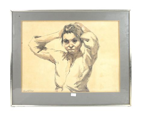 Pascal Fortunato de Souza (b. 1928), portrait of a woman with her hands on her head, watercolour, signed lower left, 52 x 72c