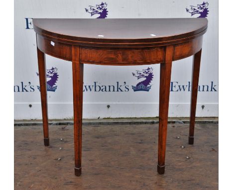 Mahogany and banded demi lune card table, 19th Century, twin flap top with green baize lining, on square tapering legs, 73cm 