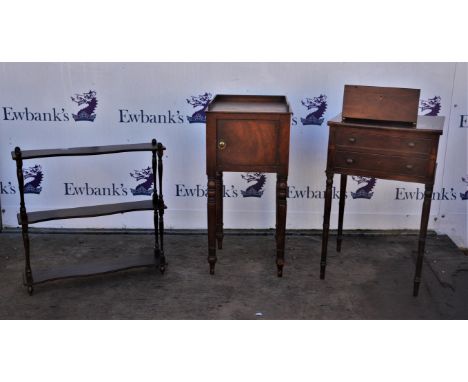 19th century mahogany bedside cupboard on turned legs together with another similar, a mahogany wall shelf and a mahogany tea