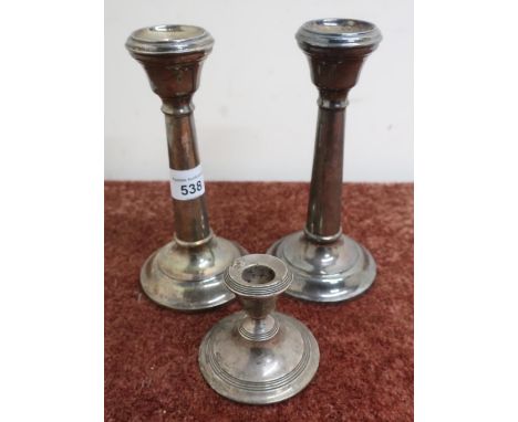 Pair of Birmingham silver hallmarked column candlesticks on turned weighted bases (18cm high) and a Birmingham silver hallmar