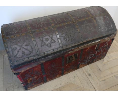 Unusual 19th C leather bound and studded dome top travelling trunk, the top with various panels including date 1875 (105cm x 