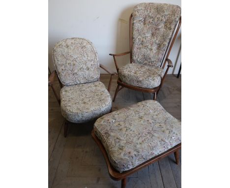 Ladies and gentleman's Ercol elm and beech chairs complete with matching footstool 