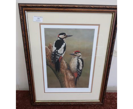Framed and mounted signed limited edition Robert Fuller print No. 329/850 of woodpeckers (40.5cm x 50.5cm including frame) 