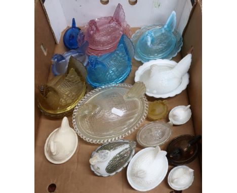 Collection of mostly glass and one ceramic chicken dishes of various sizes and colours including one scarce opaque glass duck