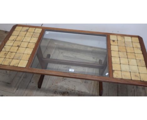 Retro circa 1970s teak framed rectangular coffee table with central inset glass panel and two tiled panels (136cm x 56.5cm x 