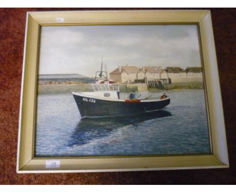 Modern oil on board painting of boat in harbour by R Dobson (58cm x 49cm) 
