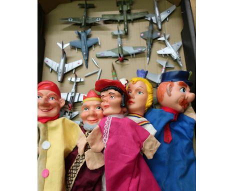 Five glove puppets and a selection of die-cast WWII and post war model air craft 