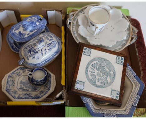Two boxes of 19th C and later ceramics, including blue &amp; white tureens, serving dishes, Royal Doulton blue &amp; white mi