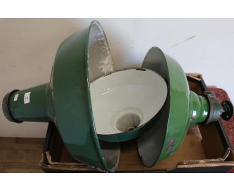 Three vintage enamel centre light fittings and shades of various sizes and diameters (largest diameter 46cm) 