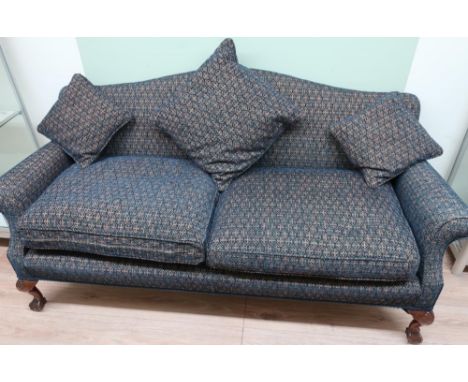 Early 20th C large two seat sofa on mahogany ball &amp; claw feet, with two loose cushions (width 180cm) 