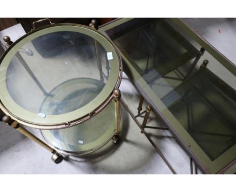 Circa 1970's gilt metal framed glass top occasional table, two matching square top tables and a matching circular two tier ty