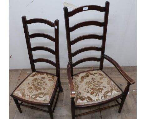 Early 20th C ladder back armchair with upholstered seat, and a low seated similar ladder back chair (2) 