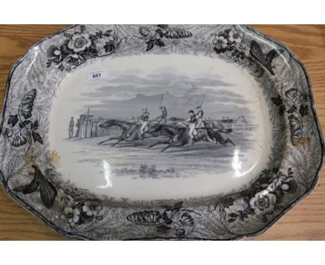 Extremely large Copeland &amp; Garrett Victorian service platter with transfer print detail and central panel of horse racing