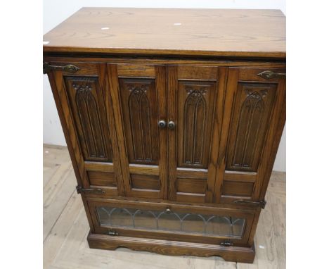 Oak Old Charm side cabinet with two upper carved panel cupboard doors and lead glazed full front (83cm x 48cm x 107cm) 