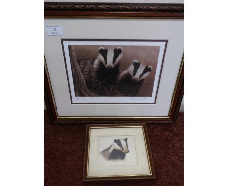 Framed and mounted signed limited edition Robert Fuller print of badgers No. 8/850 and another framed print of a badger (2) 