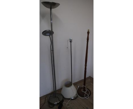 Stainless steel up-lighter with adjustable reading light, one Ikea chrome standard lamp and one turned wood standard lamp 