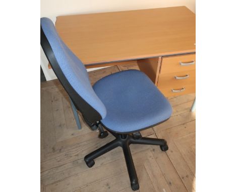 Modern laminate light wood single pedestal desk with three drawers, and an office style swivel chair 