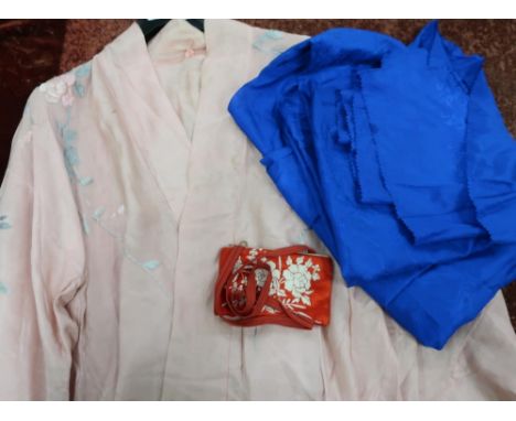 20th C pink silk embroidered shirt, blue silk panel decorated with dragons, etc 