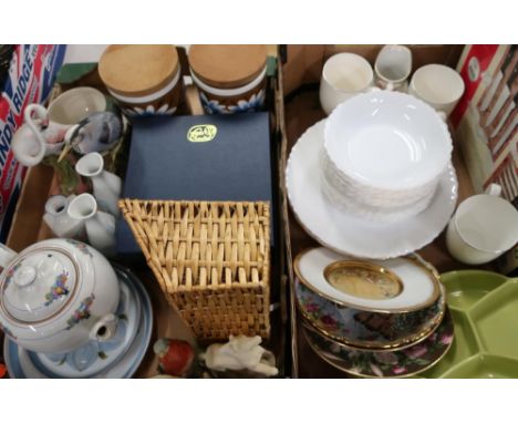 1970s Poole Pottery hors d'oeuvres dish, and a selection of painted bisque pottery bird ornaments in two boxes 