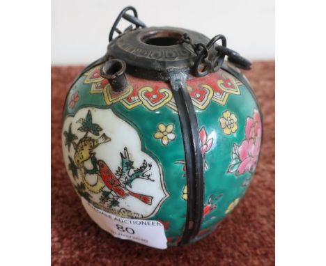 Small early 20th C Oriental ceramic metal mounted opium pot with four digit signature panel to the base (height 9cm) 